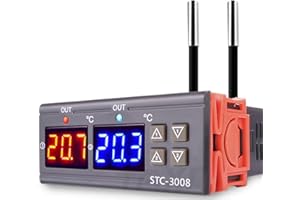Greluma STC-3008 Contrôleur de Thermostat de température AC 110V-220V, contrôleur de température numérique avec Double Affichage et Double capteur de sonde NTC, Mode Chauffage et Refroidissement