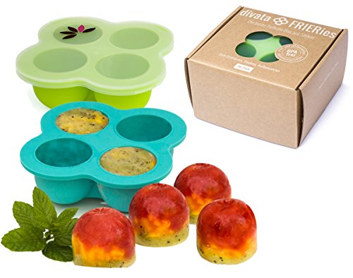 divata FRIERies, 2er Set – Gefrierform, Eiswürfelform mit Deckel zum Einfrieren und Aufbewahren von Babynahrung - frozen Smoothies, Eis, Muttermilch, Babybrei einfrieren - ideal für wiederverwendbare Quetschbeutel. BPA frei