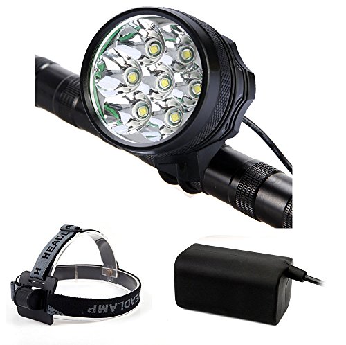 [Updated Version] Sunmoch 9000 Lumen T6 CREE Fahrradlampe Set 3 Modi mit 8800 mha Lithiumbatterie 7X CREE T6 Stirnlampe für Klettern, Radahren und Nachtsport draussen,Schwarz