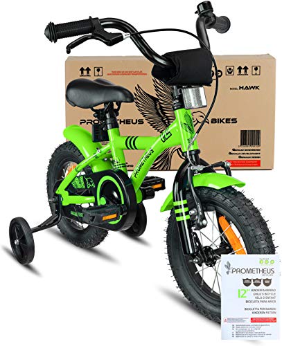 Prometheus Bicicleta Infantil | 12 Pulgadas | niño y niña | Verde Negro | A Partir de 3 años | con ruedines y Freno de contrapedal | 12