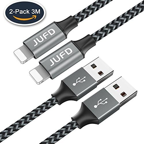 Iphone Charger Lightning Cable 3M/10FT (2-Pack) JUFD usb to Lightning Cable [Apple MFi Certified] High Lifespan Nylon Braided fast charging Cable for iPhone X/ 8/ 7/ 7Plus 6/ 6s / 6 Plus/ 5/ 5c/ 5s SE iPad Air 3/ iPad Pro（Silver）