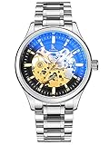 Alienwork Herren Damen mechanische Automatik-Uhr Silber mit Edelstahl Metallarmband schwarz