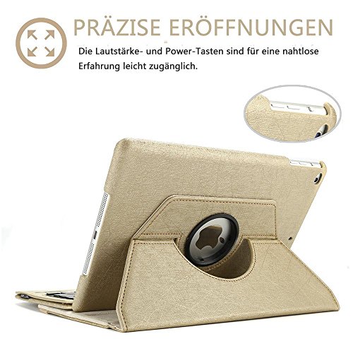 Ipad 9.7 Bluetooth Tastatur Hülle, Boriyuan 360 Grad drehbar Leder Case Schutz Tasche Cover mit Bluetooth Wireless Tastatur (Deutsche QWERTZ) keyboard case für Apple iPad 9,7 Zoll 2017 (Gold) - 3