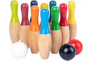 BTSEURY Juego de bolos de madera para niños y adultos, juego de bolos de madera con 10 pines, 3 bolas y bolsa de malla para niños y adultos
