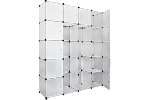 Ansobea System regałów z tworzywa sztucznego, szafa na ubrania z drzwiami, możliwość układania w stos, regał wtykowy z 20 kostkami, regał na buty, regał na książki, na ubrania, zabawki, buty, książki, 180 x 142 x 37 cm