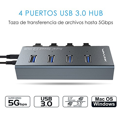 Wavlink Aluminum 4-Port USB 3.0 Hub mit Unabhängige Schalter und Schnellladung für Apple MacBook, MacBook Air, MacBook Pro, Mac Mini, iMac, MacPro, Windows Laptops und Ultrabooks, sowie PCs und weiteren USB 3.0 kompatiblen Geräten (80cm Verlängerungskabel) - 4