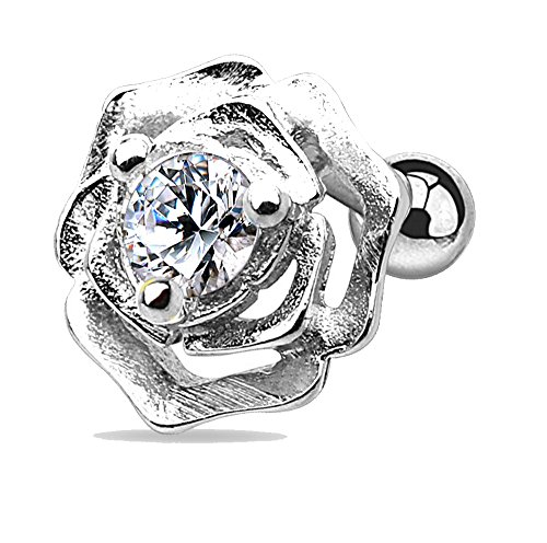 Les Plaisirs de Stella Piercing da trago/cartilagine, orecchio, in acciaio chirurgico 316L e cristallo trasparente, motivo floreale