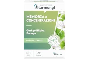 Memoria e Concentrazione - Integratore Alimentare con Ginkgo Biloba e Bacopa - Favorisce la Memoria e la Concentrazione - Benessere Mentale - Antiossidante - 30 capsule - Vitarmonyl