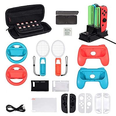 LiNKFOR 17 IN 1 Kit d'Accessoires Compatible avec Nintendo Switch Housse de Protection d'Écran HD Dock de Chargement Dock Joy-Con Grips Raquettes de Tennis