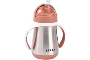 BÉABA, Biberon/Tasse d'apprentissage Paille/Gourde Bébé 2 en 1, Enfant, 100% étanche, Anti-fuite, Facile à Ouvrir, Poignées amovibles, Matière Inox, Sain, Solide, 250 ml, Terracota