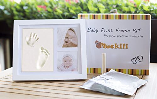 Muckili BABY PHOTO FRAME - Baby handprint frame in white - high quality wood frame in real glass - personalised baby photo frame with 3D Effect - unique baby shower gift for boy + girl