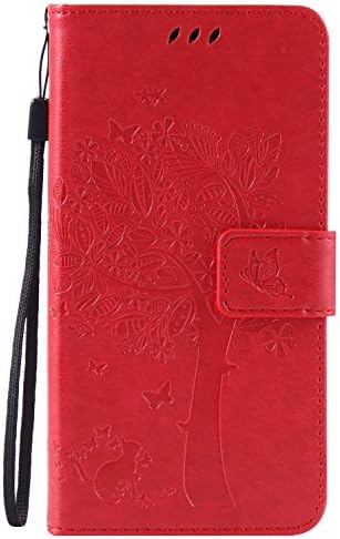 LG G3 (5,5 Zoll) Case Leather, Ecoway Cat and tree Patterned Embossing PU Leather Stand Function Protective Cases Covers with Card Slot Holder Wallet Book Design Detachable Hand Strap for LG G3 (5,5 Zoll) - red