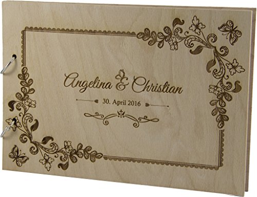 Rustikales Gästebuch aus Holz zur Hochzeit personalisiert Hochzeitsbuch Hochzeitsgästebuch graviert (Motiv 4 96 Seiten / 48 Blatt)