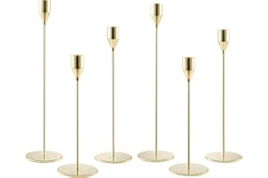 JF HOME BLISS Set of 6 Gold Candlestick Holders for Taper Candles – Elegant Metal Candle Stands for Weddings, Parties & Home Decor (Fits 3/4" Candles) – Tall & Short Candle Holders