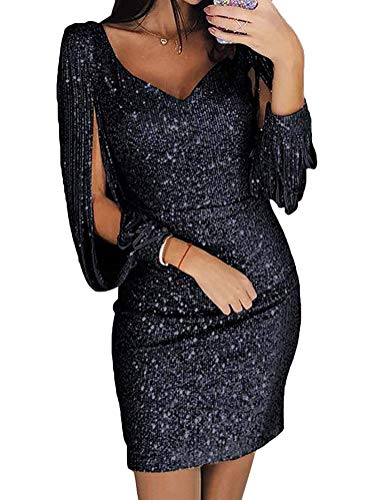 Minetom Robe Femme Couleur Unie Robe Soirée Manches Longues À Franges Cocktail Col V Moulante À Paillettes Sexy Bodycon Mini Dress Noir FR 44