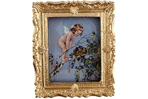 MELODY JANE DOLLS HOUSES Melody Jane Accesorio Miniatura Casa de Muñecas Querubín & Aves Nido Cuadro Cuadro Marco Dorado