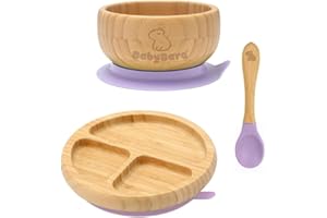 BABYBARA ® Plates and Bowls Set, Weaning Set, Baby Weaning Set, Bamboo Bowl Plate and Spoon, Segmented Baby Feeding Set with suctions, Baby weaning Essentials, Tableware Set