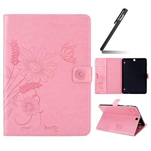 Galaxy Tab S2 9,7 Hülle Case,Samsung Galaxy Tab S2 9,7 Leder Tasche Brieftasche Schutzhülle,Ukayfe Prägung Schmetterling Blumen Malerei Muster PU Lederhülle Flip Wallet Case im Bookstyle Cover Hüllen Lederhülle Schale Stand Ständer Etui Karten Slot Smart Shell Cover Schutzhülle Etui Tasche für Samsung Galaxy Tab S2 9,7 Zoll T810N/T815N/T819N/T813N , Hell Rosa