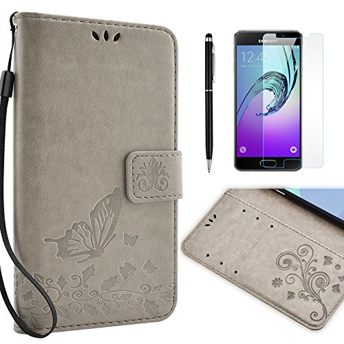 Galaxy A5 (2016) Hülle, Fraelc® Handyhülle Samsung Galaxy A510F 2016 Lederhülle Flip Tasche mit Kartenfächer und Standfunktion Schmetterling Muster Schutzhülle mit 1x Displayfolie + 1x Eingabestift