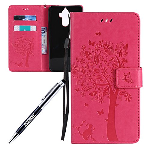 Huawei Honor 8 Case, Huawei Honor 8 Cover, JAWSEU 3D Embossing Tree and Cat Luxury Premium PU Leather Flip Cover for Huawei Honor 8 Protective Skin with Silicone Case Credit ID Card Slots Magnetic Closure Stand Protector Wallet Pouch for Huawei Honor 8 - Tree & Cat, Hot Pink