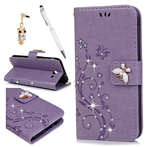 Galaxy J3 Case 2017, Galaxy J3 Prime Case Bling Crystal Diamond Leather Cover Embossed Butterfly Florals Design PU Leather Flip Case TPU Bumper Cover Kickstand Magnetic Case with Card Slots Holders & Wrist Strap Case for Samsung Galaxy J3 / J3 Prime / J3 Emerge - Light Purple
