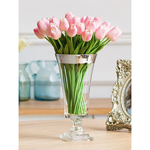 10 Stück JUYUAN-EU Tulpe künstliche Blumen mit Blätter Dekoriere Kunstblumen Latex Real Touch Bridal Wedding Bouquet Home Decor Hell Rosa - 6