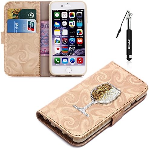 Huphant for iPhone 7/8 Plus Leather Wallet Case Gold,for iPhone 7/8 Plus Elegant Flip Folio Leather Wallet Phone Case 3D Creative Liquid Flowing Floating Sparkle Bling Glitter Star Wine Glass Design Advanced PU Holster Full Body Bumper Anti-Scratch Shell Credit Card Holder Cash Wallet With [Kickstand] Function [Magnetic Closure] Closed Shockproof Protective Case for iPhone 7/8 Plus (5.5") + Black Retractable Dust Plug Stylus Pen-Gold