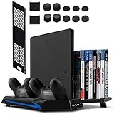 Younik PS4/PS4 Slim vertikaler Ständer mit eingebautem Lüfter, Dual Controller Ladestation, 14 Slots für Spielhüllen und 3-Port USB-Hub für all deine PS4/PS4 Slim