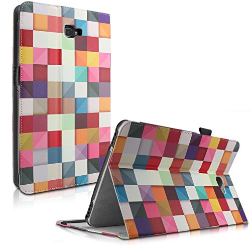Samsung Galaxy Tab A 10.1 Hülle, Infiland Ultra Dünn Tri-Fold Smart-Muschel hochwertiges PU Leder Ultra Schlank Superleicht Ständer Smart Shell Cover Schutzhülle Etui Tasche für Galaxy Tab A 10.1 Zoll Wi-Fi/ LTE (2016) SM-T580N/SM-T585N Tablet-PC(mit Auto Schlaf / Wach Funktion)(Farbige Quadrate)