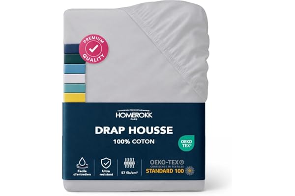 HOMEROKK Drap Housse 140 x 190 x 27+ cm – 100% Coton 57 Fils/cm² – Bonnet Profond pour Matelas Épais – Gris Clair