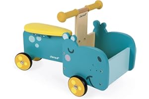 Janod - Porteur Enfant en Bois Hippo - Poignées Ergonomiques et Roues Silencieuses - Casier de Rangement - Apprentissage de l'équilibre - Dès 1 an, J08003, Bleu et Jaune