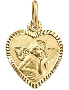 CLEVER SCHMUCK-SET Goldener Anhänger Herz 11 x 10 mm schmal mit Engel klassisch seidenmatt Rand glänzend diamantiert...