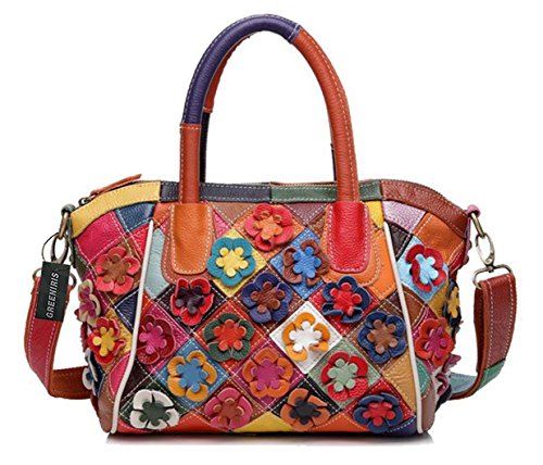 Greeniris Womens Genuine Leather Handbags Colorful Plaid Crossbody Handbags for Women Floral Hobo Shoulder Totes Bags Multicolor