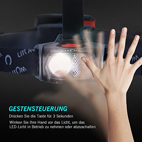 Litom Stirnlampe Taschenlampe mit weiß/rot LED Gestenkontrolle, IPX6 wasserdicht Kopflampe, Batterie betriebene LED Headlight für Laufen, Höhlenforschung, Joggen, Camping usw. - 3