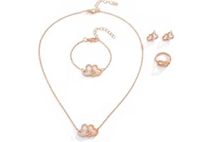 FDEETY Schmuckset Damen Doppelt Herz Kristall Anhänger Halskette Ohrstecker Armband Ringe Schmuck Set Brautschmuck Geschenke für Mädchen Hochzeit Engagement Party