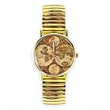 Vintage Damen Uhr PU Leder Riemen oder Gold Kettenglieder Armband Aztek Moustache 1054 - Weltkarte antik gold