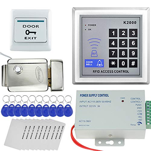 uoweky Sistema de Control de Acceso la Puerta Kit Controlador RFID con Bloqueo Eléctrico + Fuente de Alimentación de 12VDC + Botón de Salida + 10pcs125KHz Llavero y Tarjeta(K2000+Electric Lock)