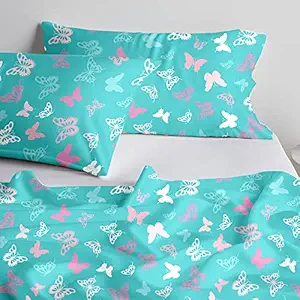 Blue Dahlia Kids Printed Bedsheet for Single Bed, Cotton Printed Flat Sheet for Kids Room with 1 Pillow Covers, Oeko TEX Certified (Single, Blue_Mystical Butterfly)