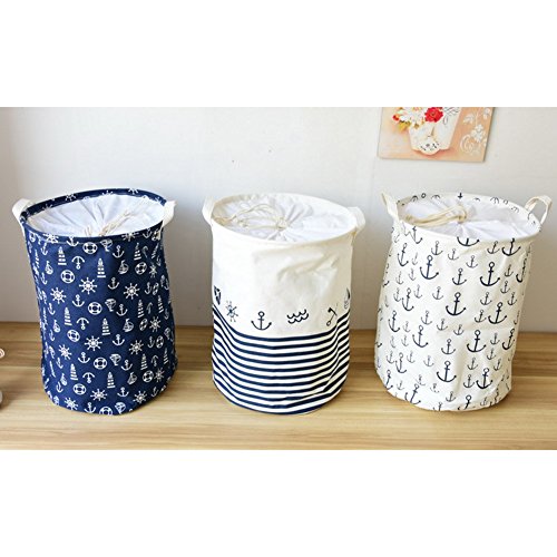 gossipboy Mediterraner Stil Groß Rund Leinen & Baumwolle Stoff Wäschekorb, zusammenklappbar Korb Kleidung Organizer Storage Müllbeutel-43,2 x 33 cm blau - 3