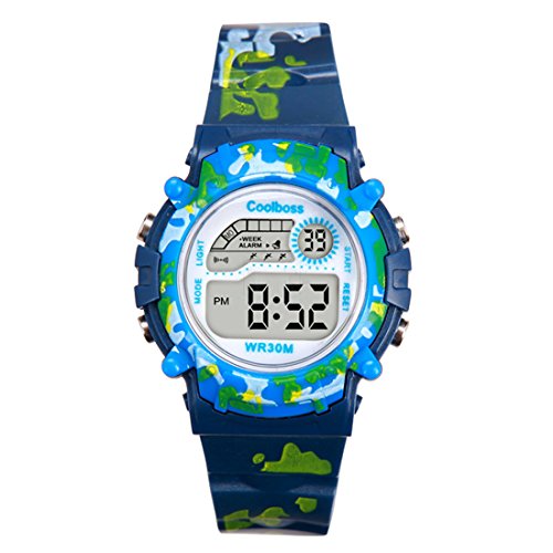 Souarts Junge Mädchen Armbanduhr Digital Display Sport Uhr Tarnung Muster LED Wecker Kalender Stoppuhr wasserdichte Uhr Blau
