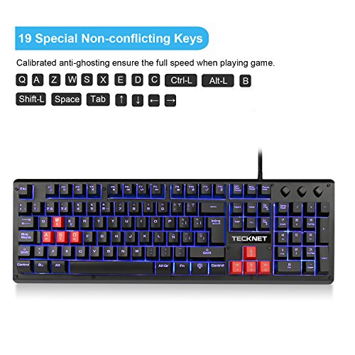 Teclado para Juegos TECKNET  Teclado Mec  nico Gaming con Retroiluminaci  n LED en 3 Colores y Tacto Mec  nico con Cable USB  Distribuci  n de Teclas en Espa  ol  Contiene la     
