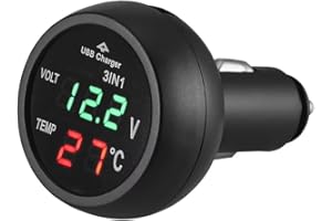 MiJunHD 3 in 1 Car Voltmeter, USB Charger Port & Thermometer & Car Battery Voltage Meter, LCD Digital Display Panel for 12V 24V Vehicles Bus Trucks Cigarette Lighter Port (Red Green Light 1 Piece)