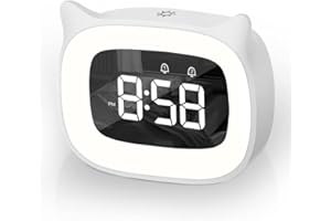 Aoreun Réveil Enfant, Réveil Enfant Educatif, Veilleuses Chat Mignon, Lampe Chevet Fonction Snooze, Affichage Automatique Temps, 5 Couleurs,18 Type de Musique Cadeau d'anniversaire (Blanc)