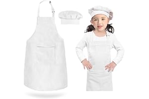 GNEGNI LIFE Kids Apron and Chef Hat Set, 2 Pcs Apron Set for children Adjustable Elastic Art Apron Anti-Fouling Bib Apron for Painting Cooking Boys and Girls