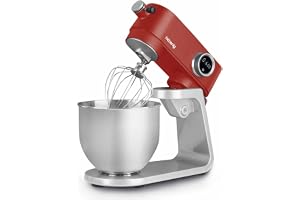H.Koenig Robot Pétrin Professionnel Multifonctions 5L KM124 Inox rouge mat Puissant 800W, Robot Cuisine Pâtissier Pétrin 8 vitesses, Fouet, Batteur, Crochet, Pétrisseur, Couvercle anti-éclaboussure