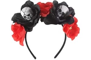 Miss-shop Diadema de Halloween,Diadema de Calavera Gótica Vestido de Lujo para Mujer Accesorios para el Cabello de Halloween Rosas Rojas y Negras Oscuras Accesorio de Halloween