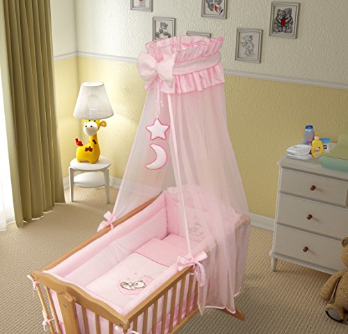 10 Piece Nursery Crib Bedding Set 90x40cm Fits Rocking / Swinging Cradle (Bear Moon Pink)