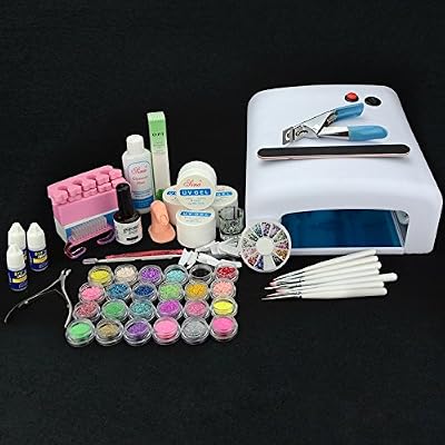 Elite99 Kit de manucure semi-permanent- Ultra complet de 25 accessoires - lampe uv sèche ongles professionnelle 36W - Idéal débutants - Nail Art UV Gel Kit 36W UV Lamp Nail Forms French Tips Glitter Powder Pearl Set