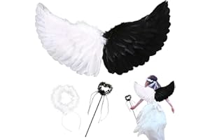 Anyingkai Engelsflügel Schwarz Weiß,Teufel Flügel Kinder,Engel und Teufel Kostüm Halloween,Teufel Flügel Damen,Schwarz Flügel Mädchen,Federflügel Engel für Karneval Party Fasching Kostüme