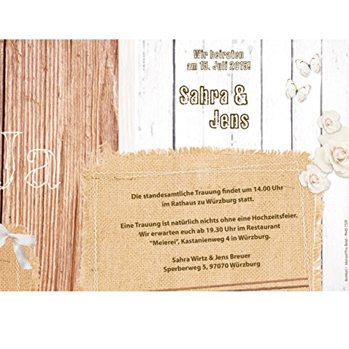 Hochzeitseinladung „Molly“ – 3 Stück – Einladungskarte zur Hochzeit in natürlicher Holz- und Leinen-Optik – inklusive Briefumschlag - 3